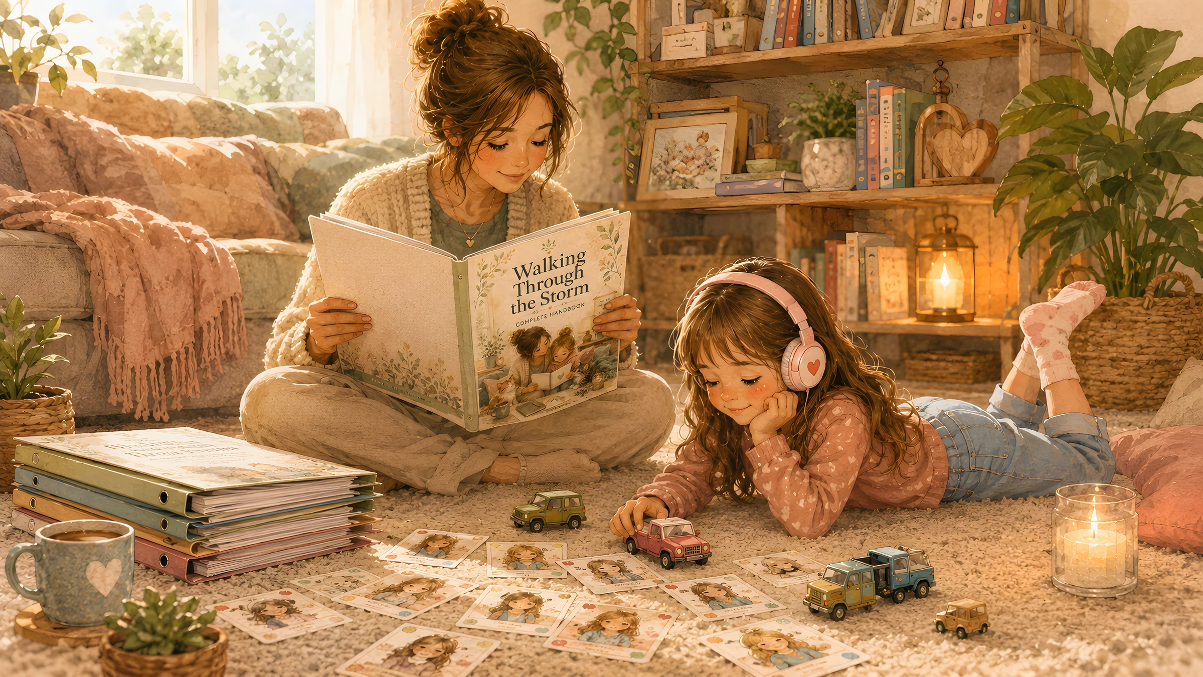 A caregiver reading with a child beside the Walking Through the Storm resources